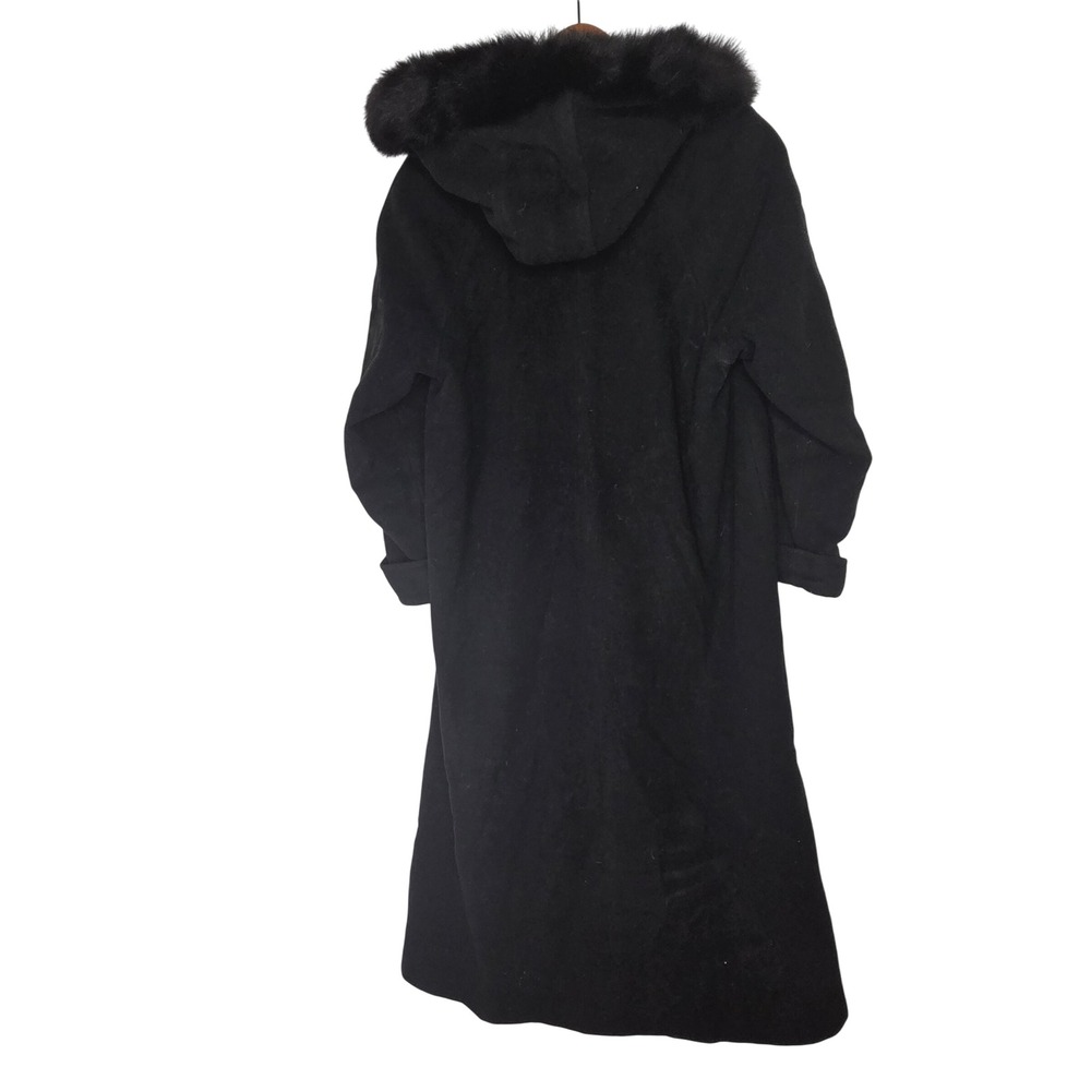 Martoni Black Wool Cashmere‎ Blend Hooded Fur Trim Long Overcoat Coat Size 10 - Picture 4 of 11